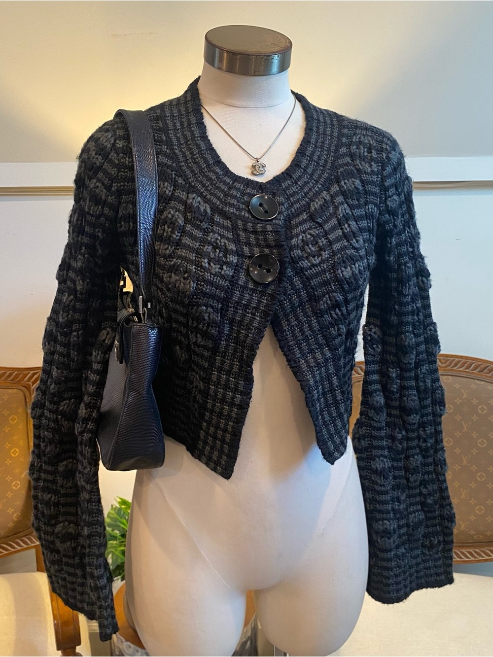 CAbi Black & Gray Textured Cropped Knitted Button Cardigan Sweater Bell Sleeves